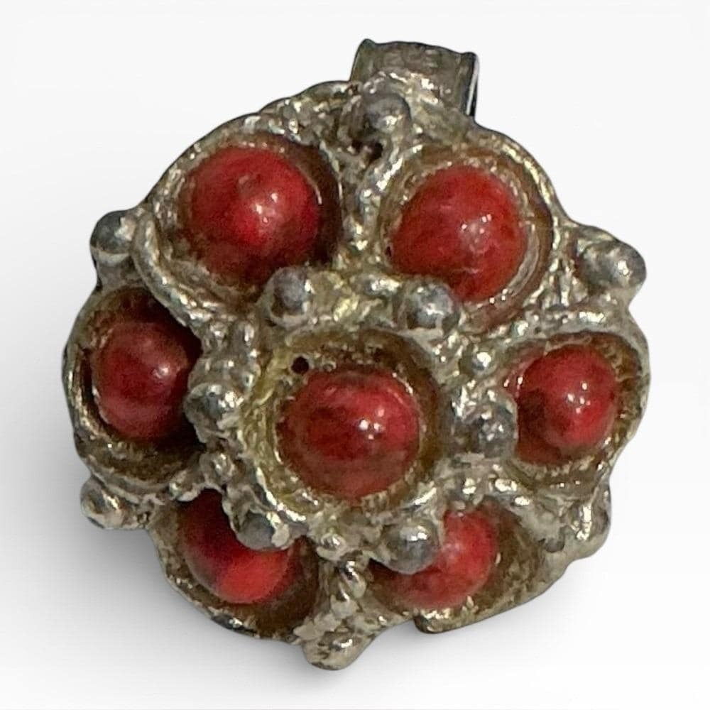 Artisan Heavy Solid Silver Adjustable Statement‎ Ring Red Cabochons 1" 0.5 oz